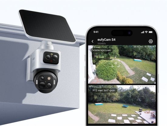 Een eufy beveiligingscamera gemonteerd aan een muur met een zonnepaneel, naast een smartphone met live beelden.