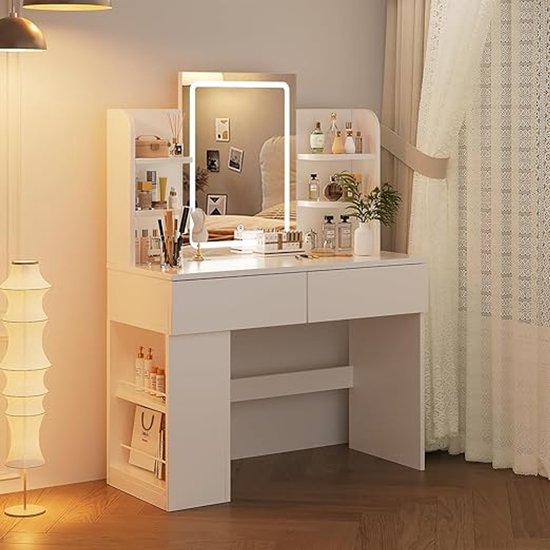 ML-Design Kaptafel, Kaptafel Met 3-Delige Inklapbare Spiegel En 2 Laden 100 X 40 X 140 Cm Wit