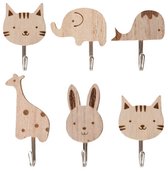 Houten Dieren muurhaken set van 6 stuks – zelfklevende haken zonder boren – Wandhaken met sterke plak – schattige dieren voor babykamer & kinderkamer decoratie - Wand kapstok