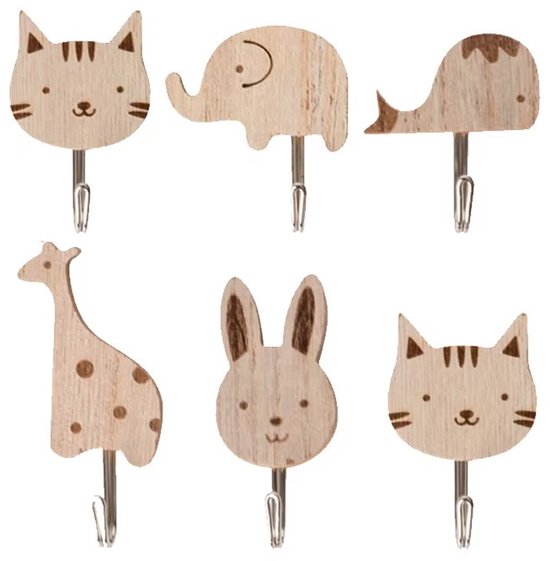 Set van 6 houten dierenvormige muurhaken: kat, olifant, walvis, giraffe, konijn, leeuw.