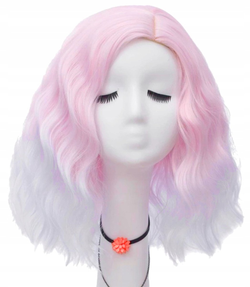 Ombre Bob Pruik Cosplay Glam Rock 40cm Roze-Wit