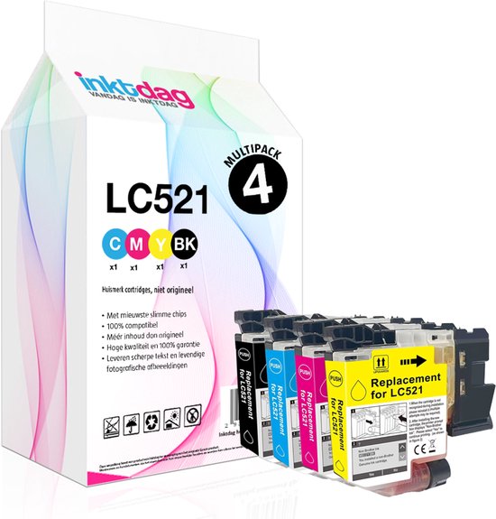 Inktdag LC521 multipack met 4 inktcartridges: zwart, cyaan, magenta, geel. Op de voorgrond staan de cartridges, met op de achtergrond de verpakking.