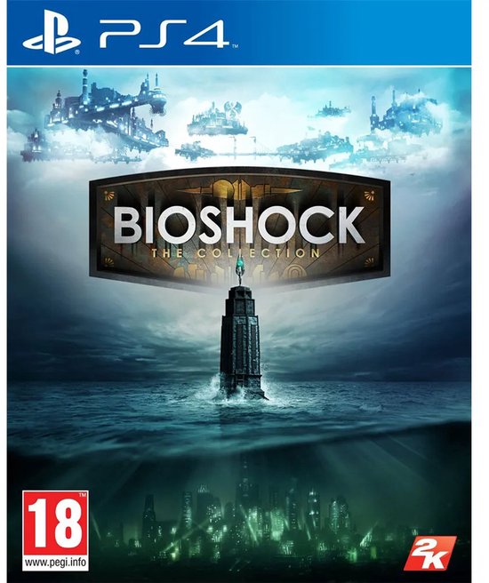 PS4 gamecover Bioshock: The Collection. Een toren steekt boven woelig water uit, met daarboven zwevende steden. PEGI 18.