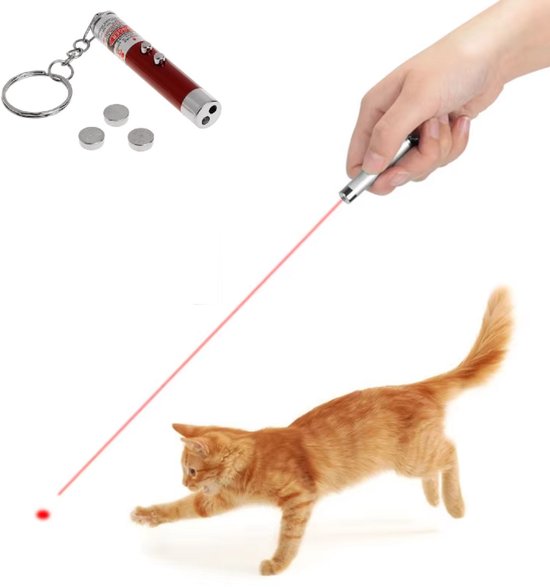 Rode laserlampje aan sleutelhanger schijnt rode stip op rennende rode kat.