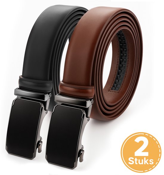 Set de Riem automatiques VOLQU® – 2 Ceintures Premium pour homme en Cuir véritable – Zwart, Marron foncé, 105 cm, cadeau de Luxe , boucle automatique
