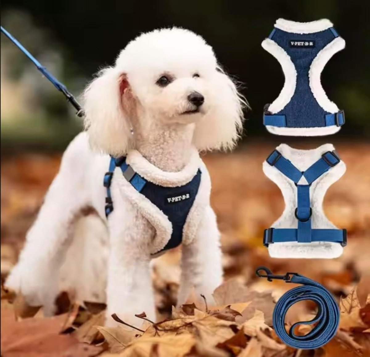 EYZ Luxe winterset met warm, zacht gevoerd hondentuig en riem - schattig hondentuig - spijkerstof tuig voor kleine honden, puppy's, grote en middelgrote rassen - anti-trek verstelbaar tuig voor jongens en meisjes XXS