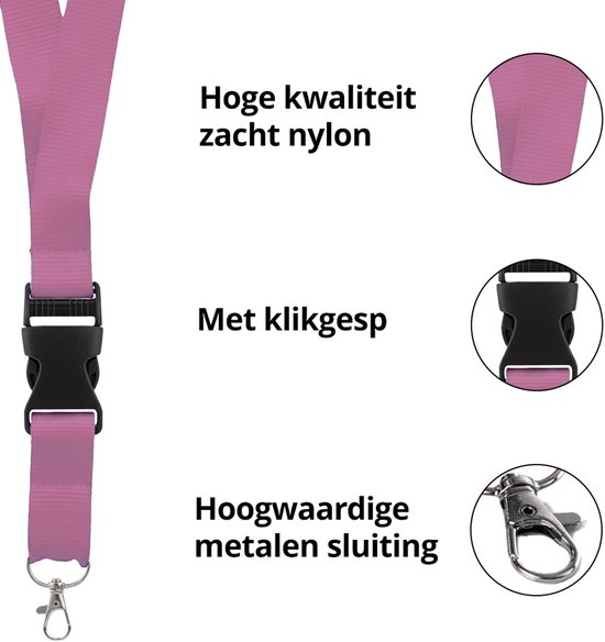 Roze, zacht nylon keycord met zwarte kliksluiting en metalen karabijnhaak. Hoge kwaliteit.