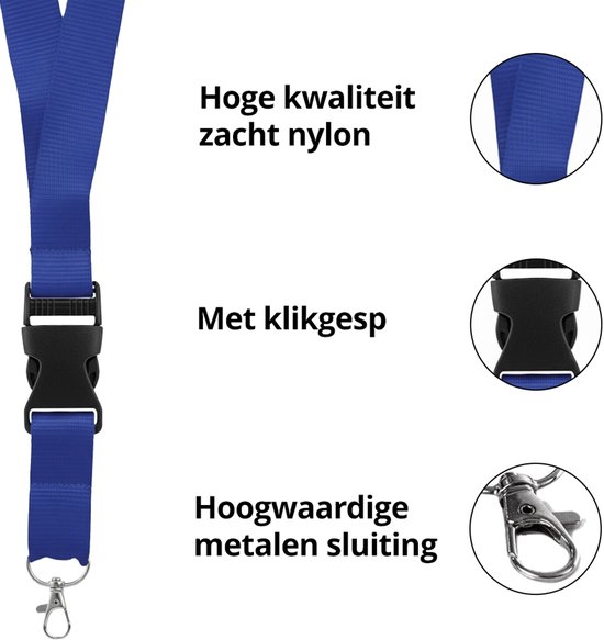 Blauw sleutelkoord met klikgesp en metalen sluiting. Hoge kwaliteit zacht nylon.