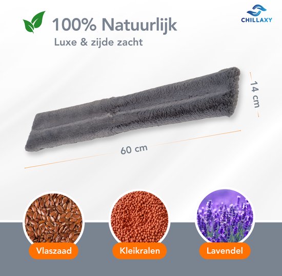 Grijze pittenzak van 60 cm, 100% natuurlijk, luxe en zijdezacht, met vulling van vlaszaad, kleikralen en lavendel.