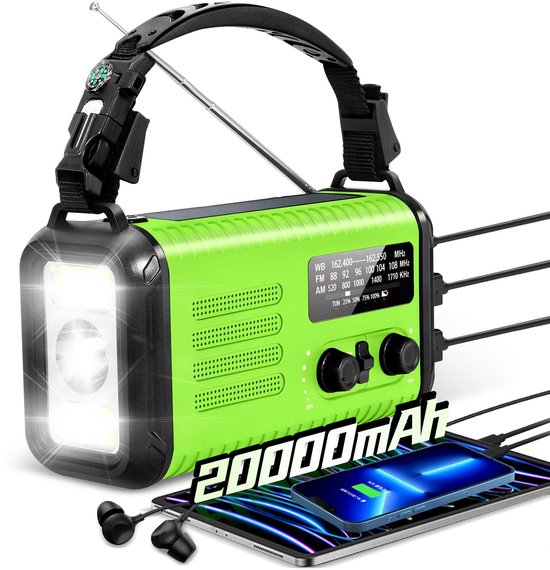 Vhorec - Noodradio - Ultra Range -20.000 mAh Oplaadbare Powerbank - Radio Op batterijen Voor Rampen - Noodpakket - Powerbank Zonneenergie - Noodradio Solar Opwindbaar - Noodradio Opwindbaar En Batterij - AM/FM/NOAA