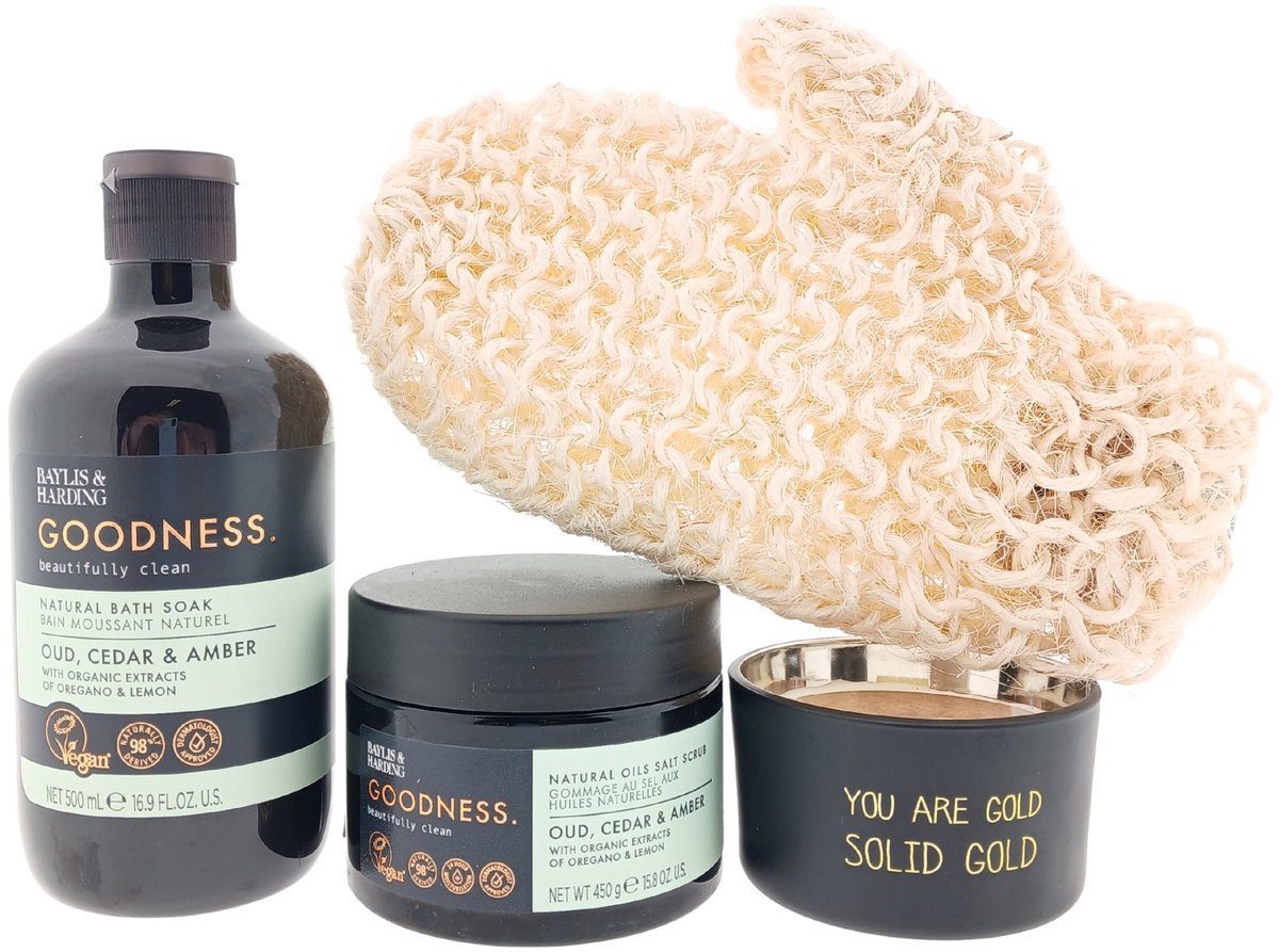 Baylis & Harding Goodness Cadeauset – Bath Soak, Body Scrub, Kaars & Washandje – Wellness Cadeau voor Iedereen