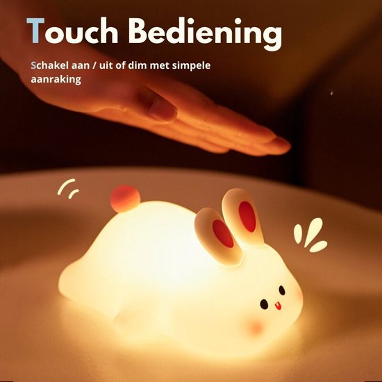 Nachtlampje kinderen konijn - Baby Nachtlampje - Met touch functie - Veilig voor kinderen - USB Oplaadbaar - Dimbaar - LED - Slaap Maatjes van Slaap Maatjes — afbeelding 2