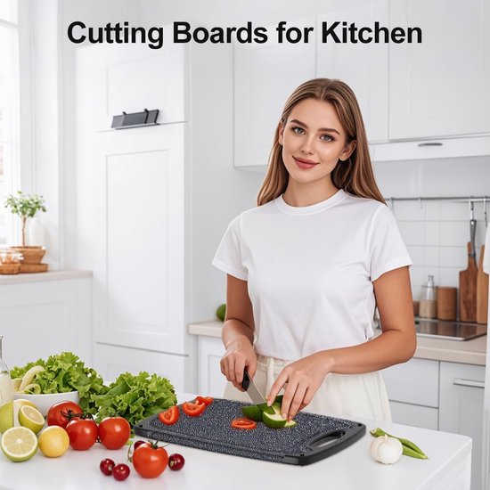 Set de Planches à découper Royalty Line ® CB3PCB - 25/31/40 cm - Antidérapantes - Poignée ergonomique - Planches de cuisine - Passe au lave-vaisselle - Plastique - Avec zone de broyage pour broyer l'ail et le gingembre - Zwart