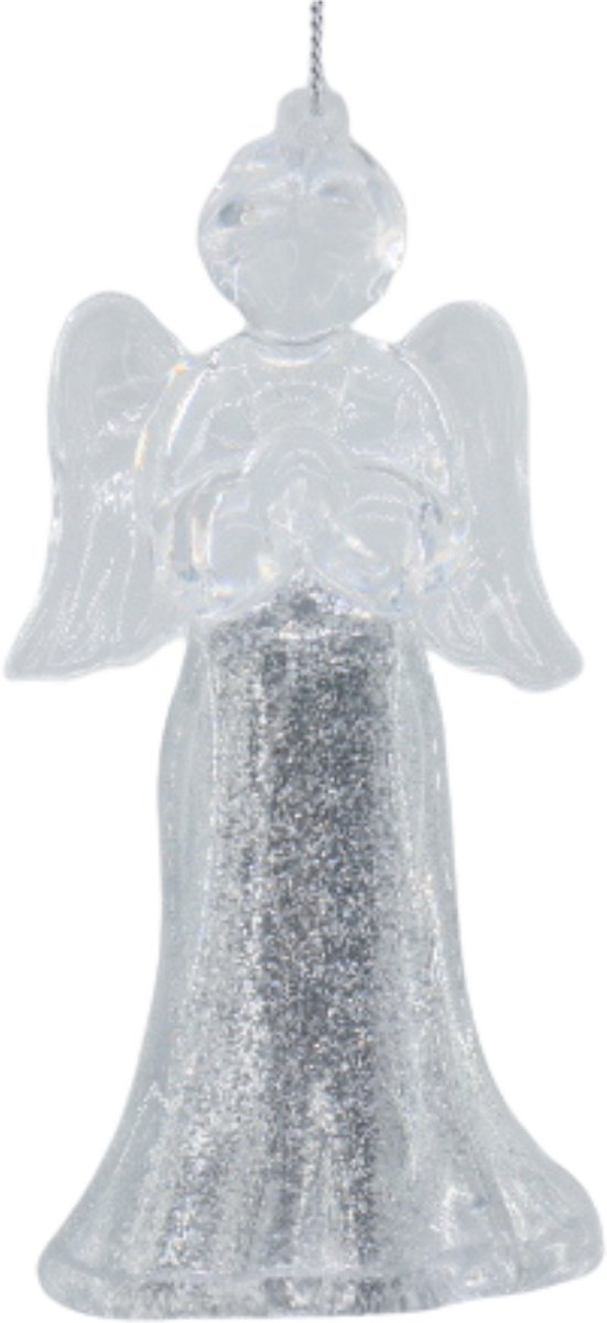 Housevitamin Zilveren Engel Kersthanger – Acryl Kerstboomversiering – Glitter Zilver Ornament – Breukvrije Kerstdecoratie – 6×5,5×11 cm