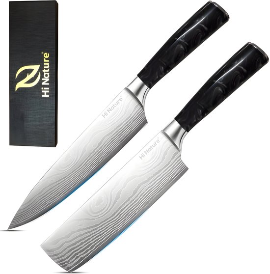 HI NATURE™ Koksmessen set 2 | Messensets 2-Delige Koksmes 20 cm & Nakiri Mes 17 cm Lemmet - Koksmes japans - Chef knife Damascus Patroon - Keuken Mes - Japans Snijmes | Ergonomisch Handvat - Japanse messen - Zwart