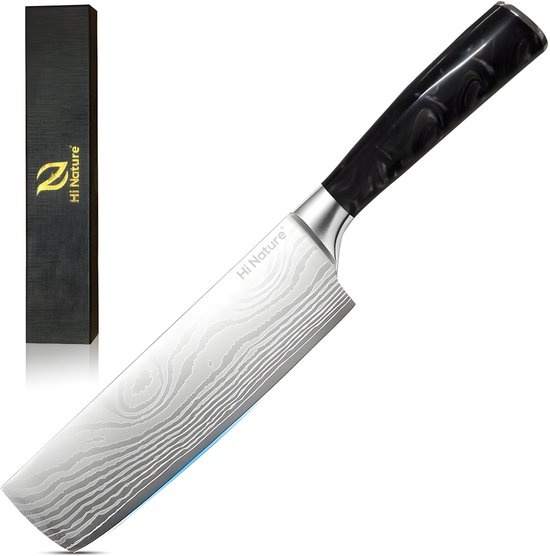 HI NATURE™ Koksmessen - Professioneel Nakiri Mes 17 CM Lemmet - Koksmes japans - Chef knife Damascus Patroon - Hakmes - Keuken Mes - Japans Snijmes | Ergonomisch Handvat keukenbijl - Japanse messen - Zwart