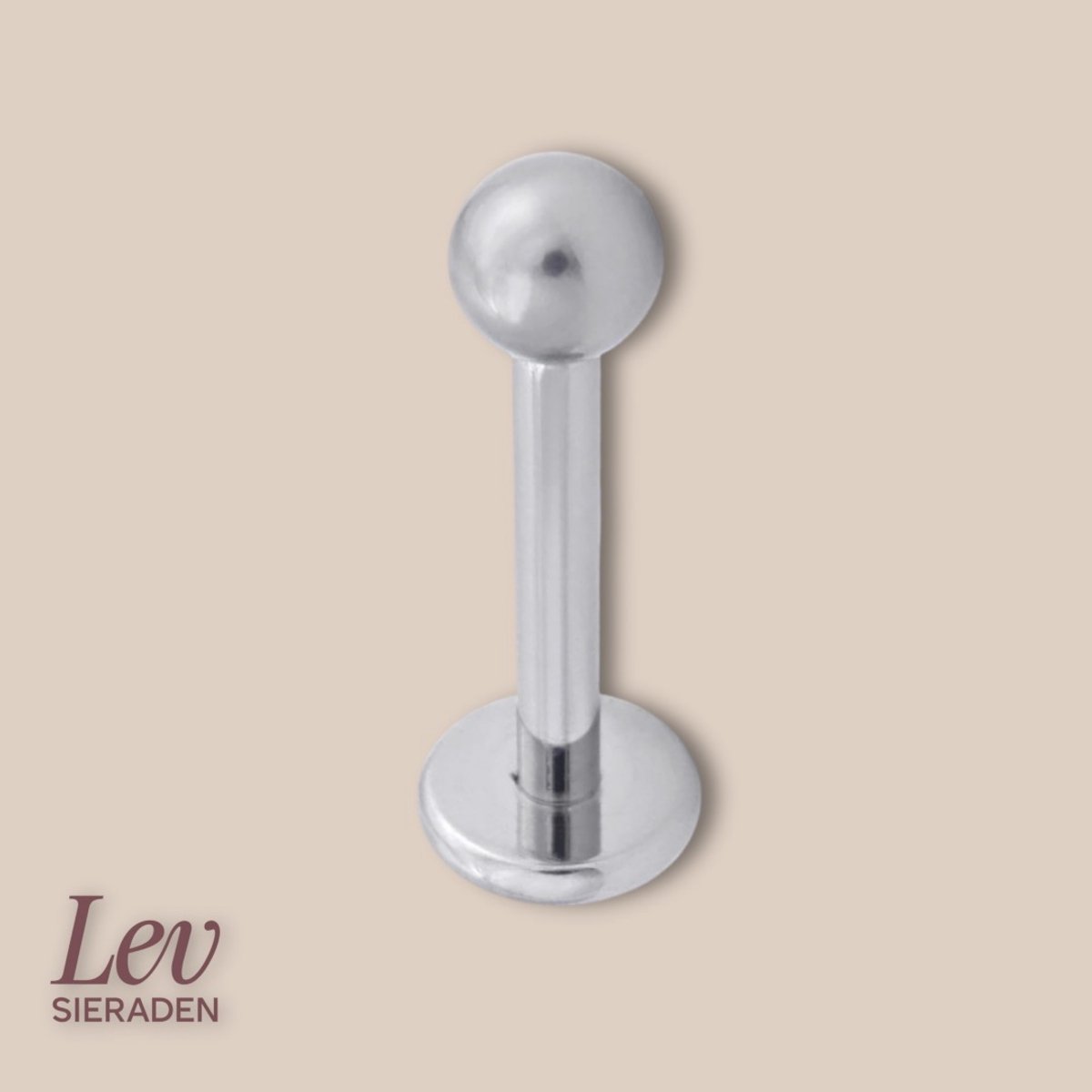 Lev Sieraden - Titanium 1.6 x 7 mm met 4 mm bal Pushpin labret - Piercing