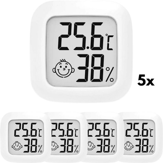 Witte digitale thermometer en hygrometer, en vier soortgelijke exemplaren.