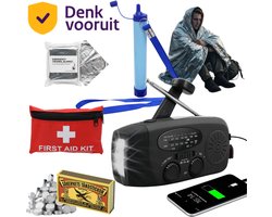 Noodpakket voor Thuis - Compleet Overlevingspakket bij Oorlog, Rampen & Stroomuitval - 2000mAh Noodradio Solar, Opwindbaar en Batterij - 72 uur Survival Kit, Powerbank, EHBO Kit, Waterfilter, Nooddeken, Waxinelichten en Lucifers - Kamperen & Outdoor