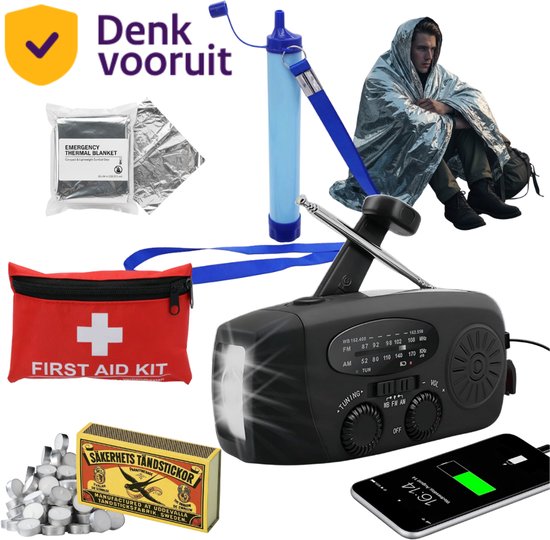 Noodpakket voor Thuis - Compleet Overlevingspakket bij Oorlog, Rampen & Stroomuitval - 2000mAh Noodradio Solar, Opwindbaar en Batterij - 72 uur Survival Kit, Powerbank, EHBO Kit, Waterfilter, Nooddeken, Waxinelichten en Lucifers - Kamperen & Outdoor