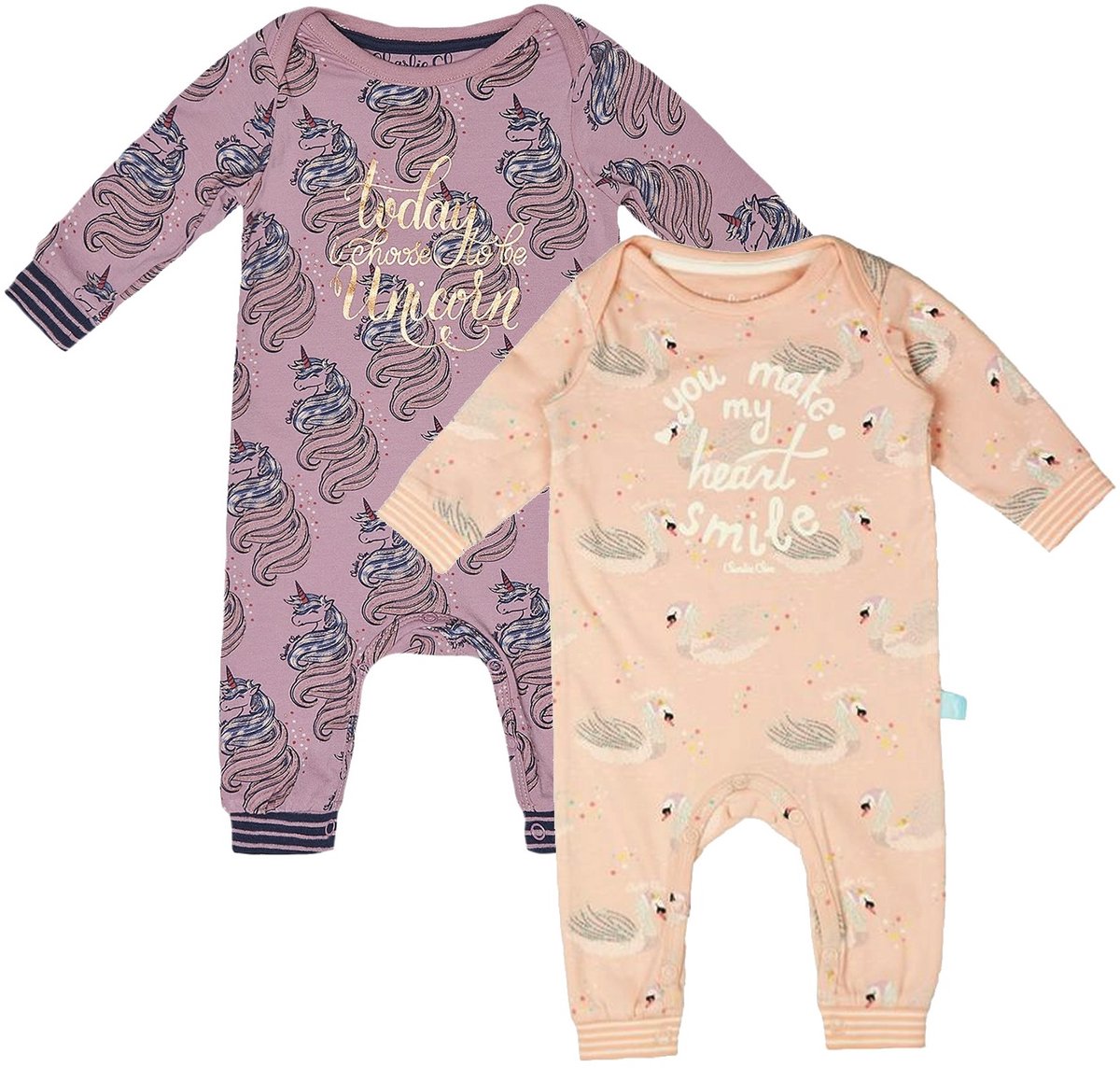 Charlie Choe - 2pack - Roze Boxpak - Salopette - Kruippakje - Babypakje - Jumpsuit - Geboortepakje - Romper - Unicorn - Zwanen - Maat 74