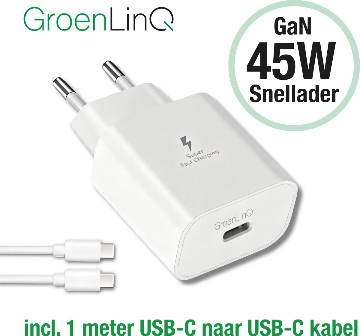 GroenLinQ 45W USB-C Snellader + 1m USB-C Kabel – Geschikt voor o.a. Samsung, iPhone, tablet en laptop - NL Handleiding