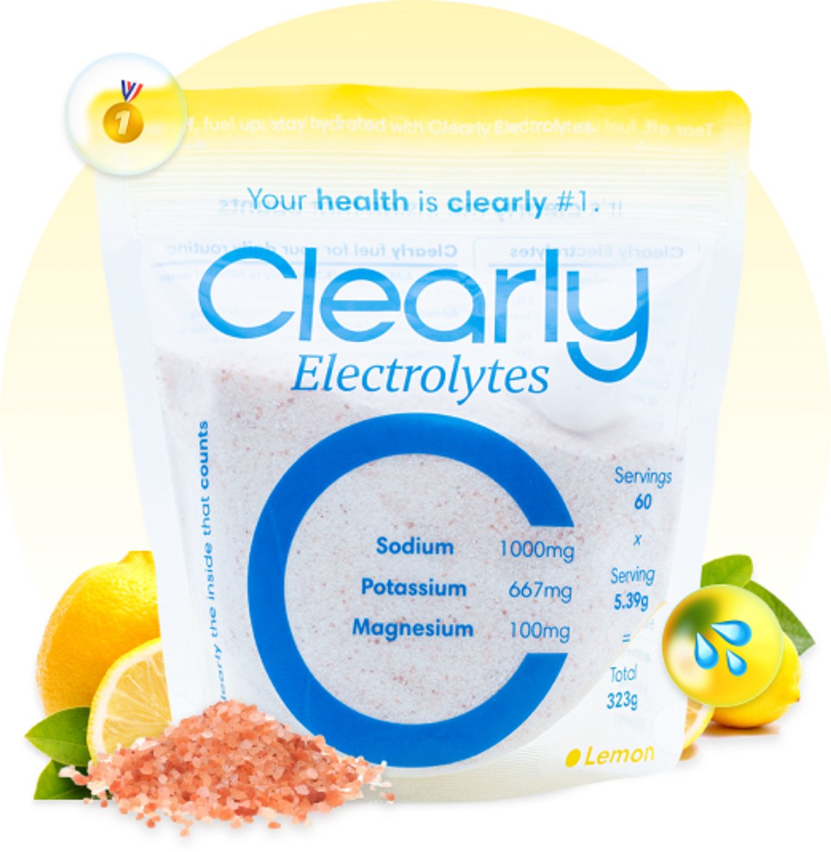 Clearly Electrolytes Citroen - Elektrolyten Poeder – 60 Porties Zonder Suiker – Sportdrank & Keto Hydratatie - Natrium 1000mg, Kalium 667mg, Magnesium 100mg