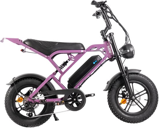 QMWheel V20 Mini elektrische fatbike paars 16×4.0 inch fat tires 250W motor 468Wh accu 35-45 km actieradius