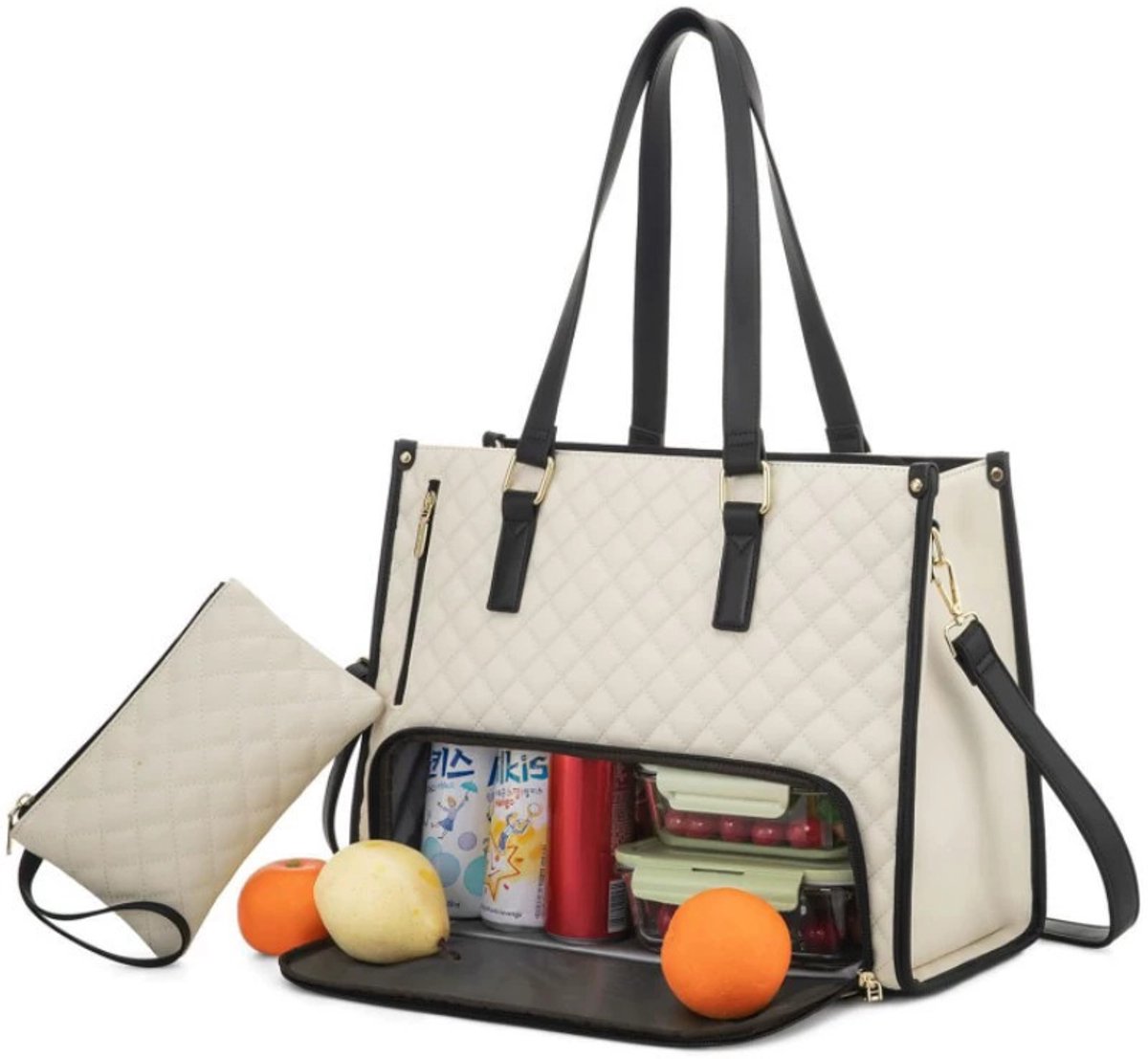 Lunchtas voor dames - Geïsoleerde lunchtas - Handtas - Koeltas - Laptop-/werktas - Handtas met koelbox - Laptoptas met meerdere compartimenten - Gebroken wit