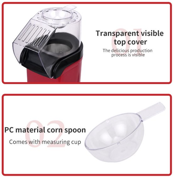 Popcorn Machine - Popcornmaker - 1200W - 25,5 × 10,5 × 10,5 cm - Popcornmachine - Home Popcornmachine - Popcornpan - Kerstcadeaus - Rood — afbeelding 2