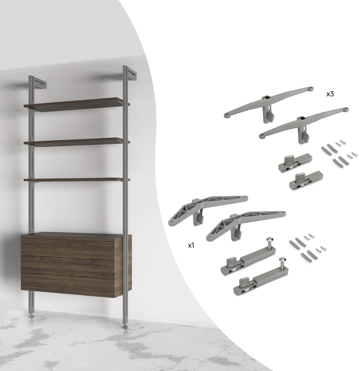 Emuca Beugelset voor 3 houten planken en 1 module voor Zero structuur, Zamak, Getextureerd zwart gel