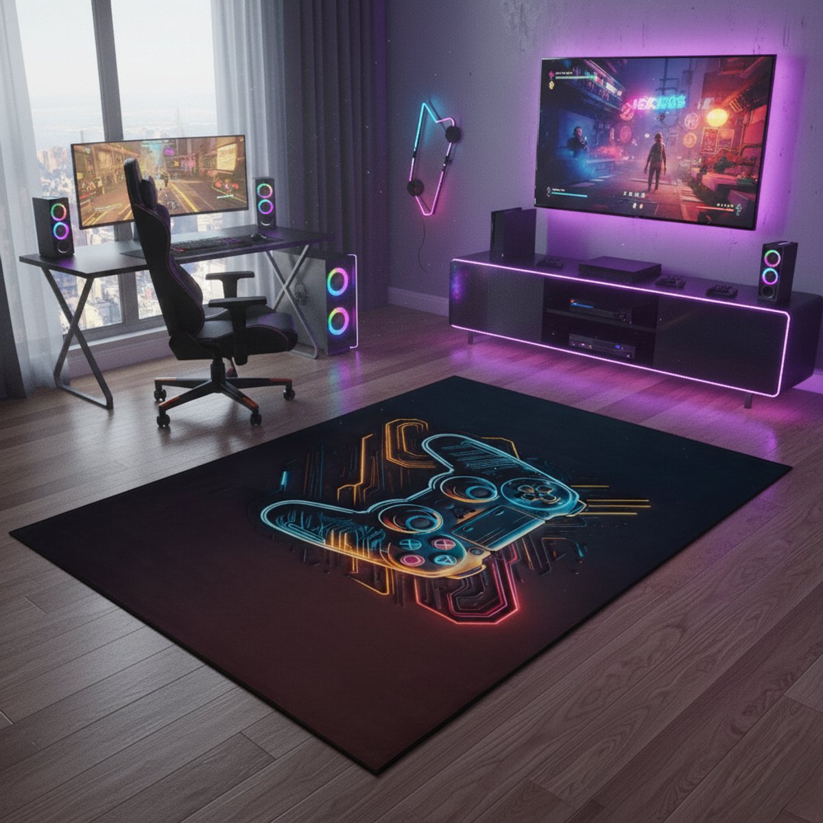 Tapiso Joy Vloerkleed Jeugdkamer Neon Controller Motief Gaming Tapijt voor Jongens Modern Zwart Antislip Laagpolig Duurzaam Kleed Voor Game Room Kantoor - 80x150