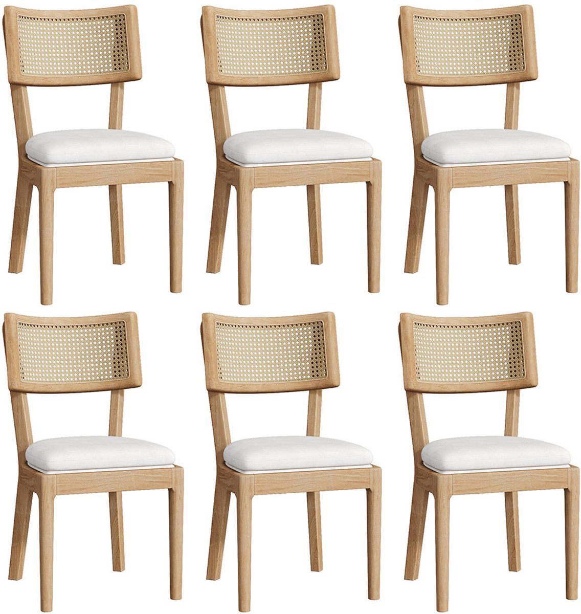Pugsdrly 6 massief houten eetkamerstoelen met rotan rugleuningen, comfortabel en ademend, geschikt voor eetkamers, woonkamers, cafés, moderne stijl, linnenkleurig, houtkleurig