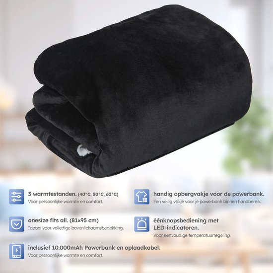 Couverture chauffante à capuche – 3 niveaux de chauffage – Batterie 10 000 mAh – Polaire – Taille unique – Zwart – par Saaf