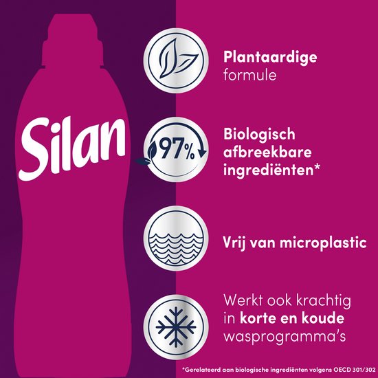 Bouteille d'adoucissant Silan avec icônes : formule végétale, 97% d'ingrédients biodégradables, sans microplastiques, efficace en cycles courts et froids.