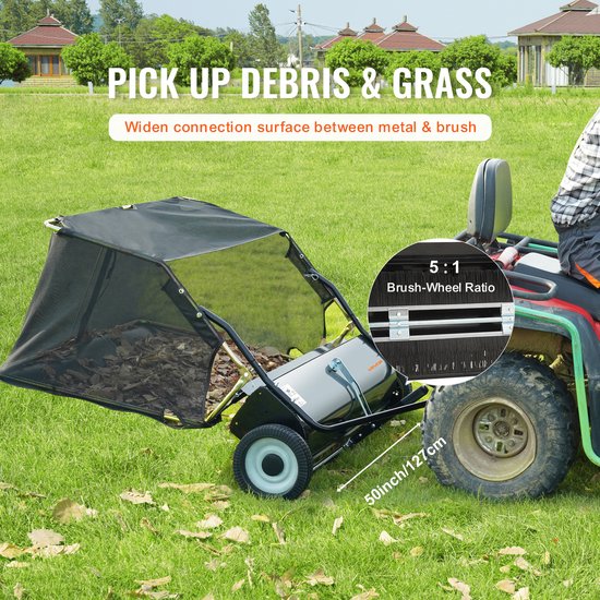 VEVOR Gazonveger, 127cm Trekbare Gazonveger voor Zitmaaiers, Bladveger, Zware Bladveger met Verstelbare Veeghoogte, Bladverzamelaar, voor Tuin, Gazon, Boerderij — afbeelding 5