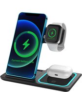 AB Goods Luxe 3-in-1 Draadloze Oplader – MagSafe-Compatibel Oplaadstation 15W – Geschikt voor iPhone (12 t/m 16) – Apple Watch & AirPods Compatibel – Compatibel als iPhone Oplader / Oplader iPhone – Opvouwbare Wireless Charger – Mat Zwart