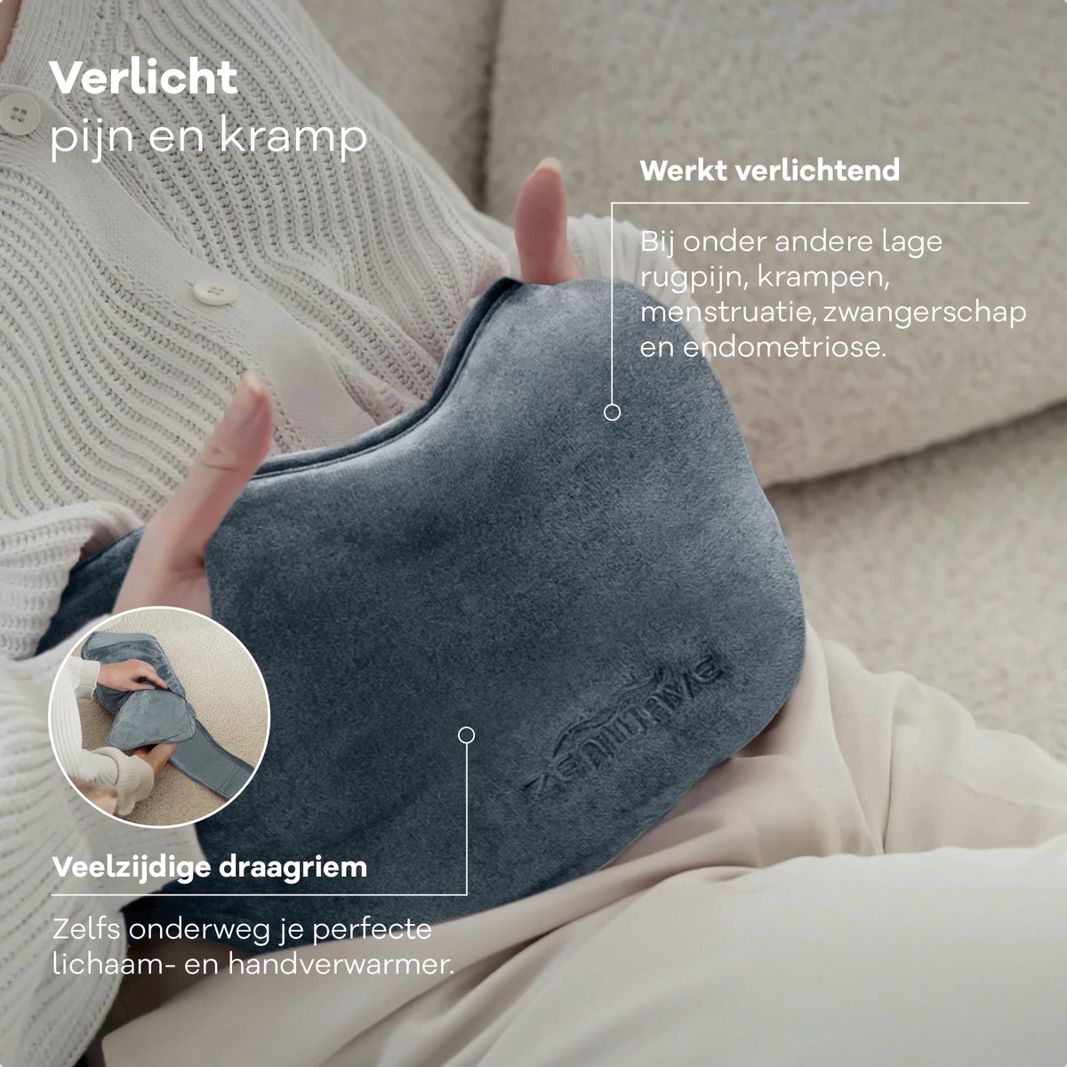 Zenwave Elektrische Kruik met Hoes - Digitaal Display - Warmtekruik & Waterkruik met Handwarmers - Oplaadbare Warmtekussen - Menstruatie Warmteband - Duurzaam & Draadloos - Kamperen & Outdoor - Warmwaterkruik Grijs – foto 8