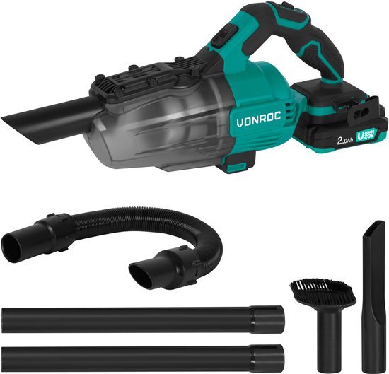 Turquoise en zwarte steelstofzuiger met diverse accessoires: flexibele slang, 2 verlengbuizen, kier- en borstelmondstuk.