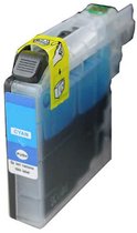 Cyaan inktcartridge met doorzichtige behuizing, gele waarschuwingstape en blauw 'CYAN' label.