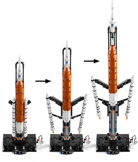 Drie afbeeldingen van de LEGO Technic NASA Artemis ruimtevaartuig-set, die de constructie laten zien.