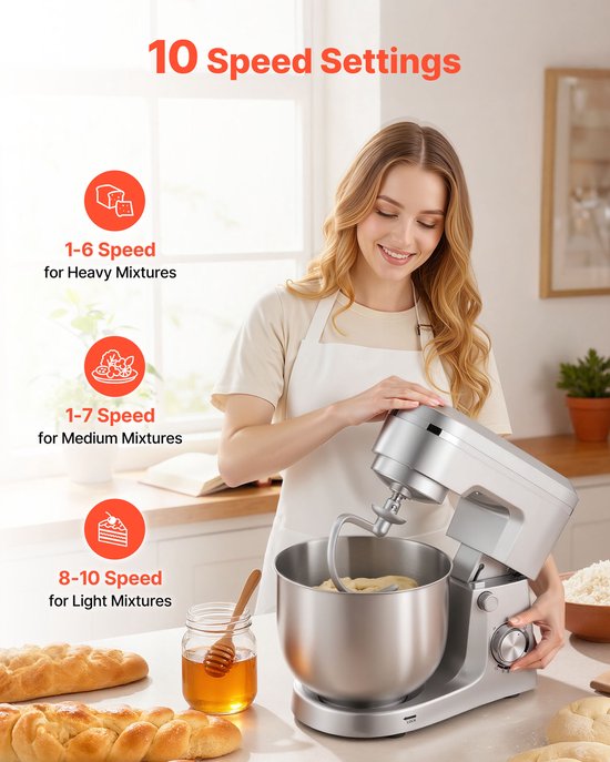 Elektrische Standmixer, 4,2 L en 5,7 L Keukenmixer, 1500W Keukenmixer met 10 Snelheden, Kantelbaar Kopontwerp, Roestvrijstalen Kommen, Deeghaak, Garde en Klopper voor Bakken, Mixen en Kneden van Merkloos — afbeelding 4