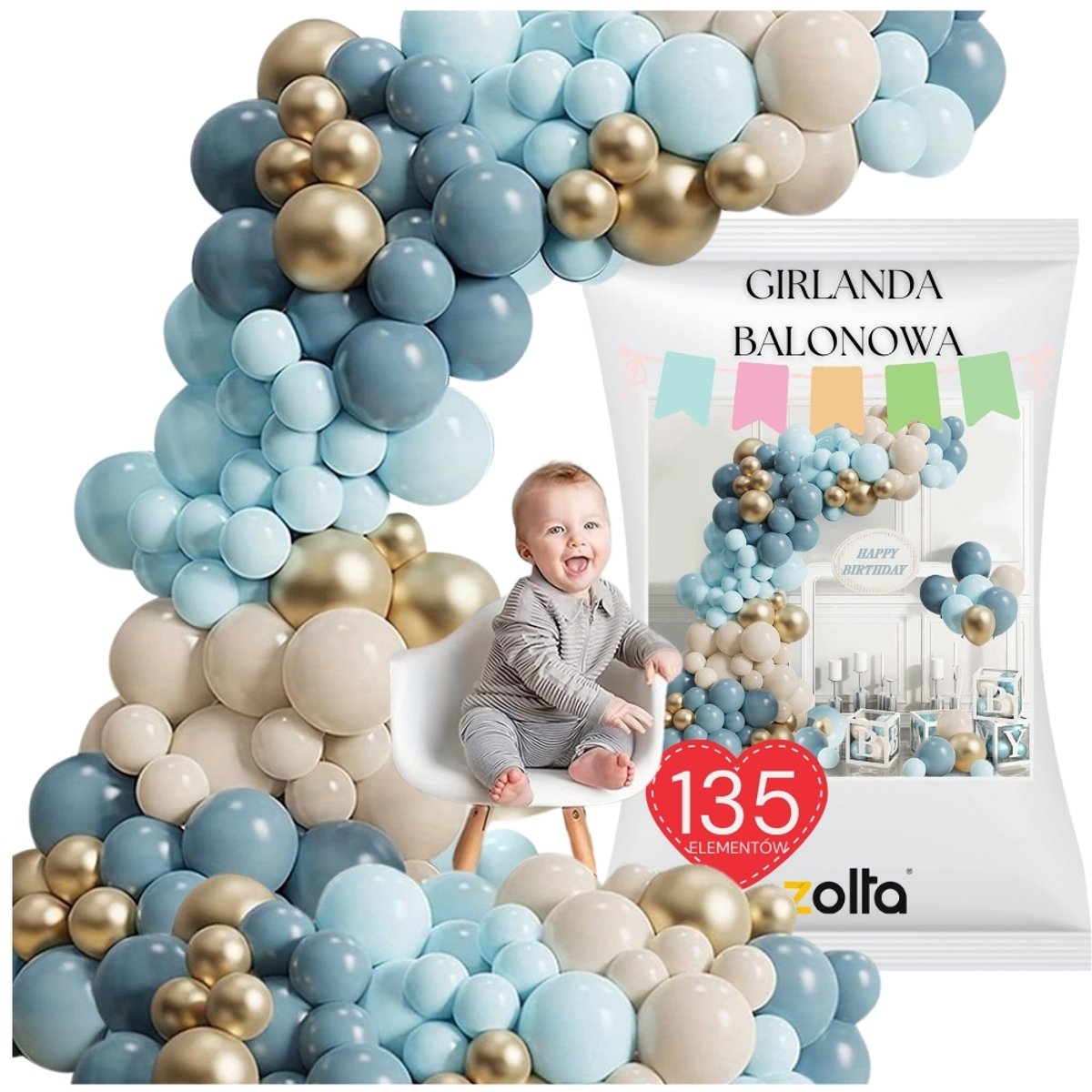 Zolta - Pastelkleurige Ballonnen Girlande - 135 Stuks - Niebieski en Złoty - Latex