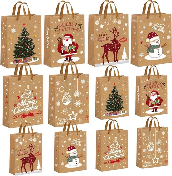 Kerst geschenkzakken - Set van 24 papieren zakken met handvatten - Ideaal voor het