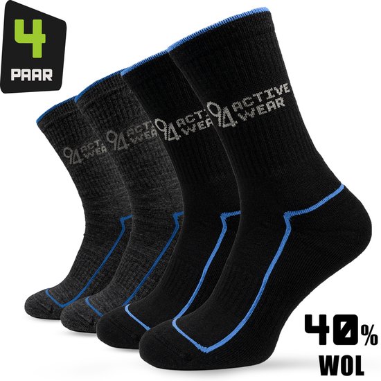 94activewear Chaussettes en Laine Mérinos Homme 4 paires - Taille 40/45 - Chausettes thermique Laine Mérinos - Chaussettes de marche - Chaussettes de plein air - 40% Laine Mérinos - Pieds chauds et secs - Zwart