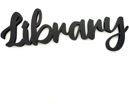 Lettre 3D noire et cursive 'Library' sur fond blanc.
