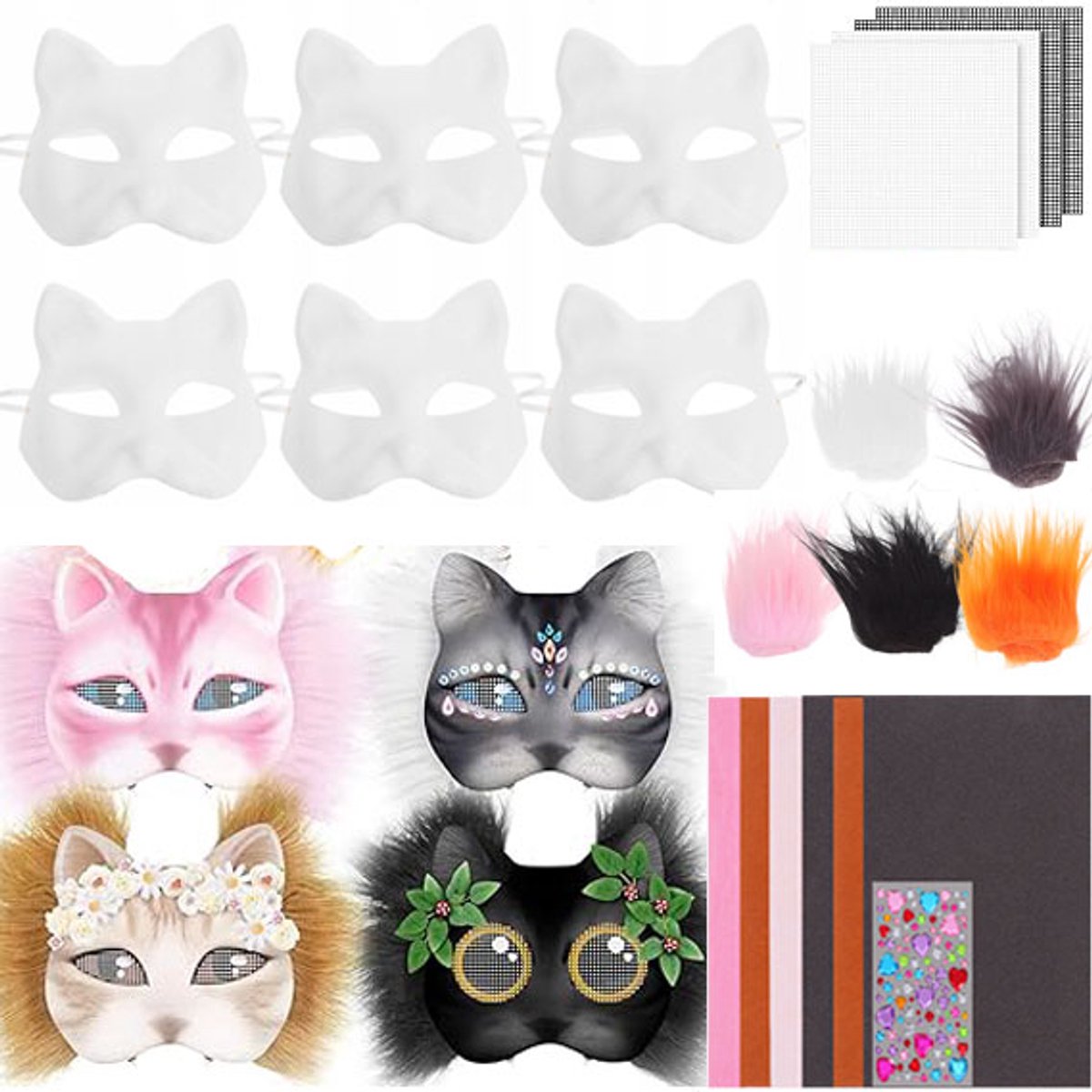 6x Kattenmasker - Halve Gezichtsbedekking voor DIY Schilderen - Knutselmasker voor Feesten en Cosplay - Wit Onbeschilderd