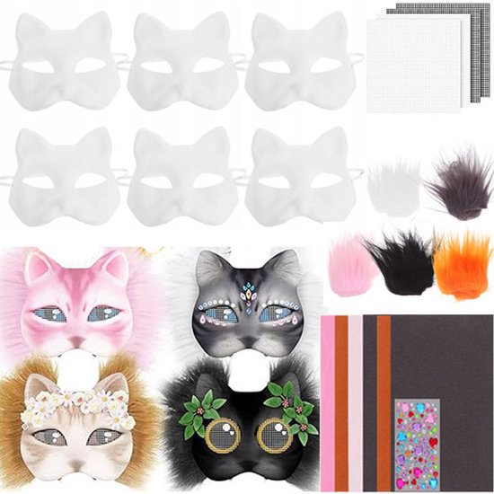 6x Masque de chat - Demi-couverture faciale pour DIY Peinture - Masque d'artisanat pour fêtes et Cosplay - Blanc non peint