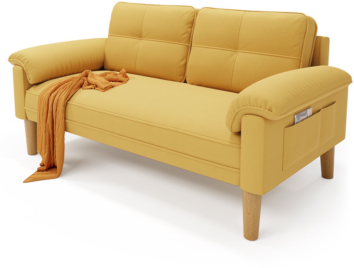 Xbro Zitbank met Armleuningen en Zijvakjes - Zitbank 2 zits - Kleine Stoffen Bank - Voor Woonkamer, Appartement, Kantoor - 145 x 77 x 77 cm - Geel