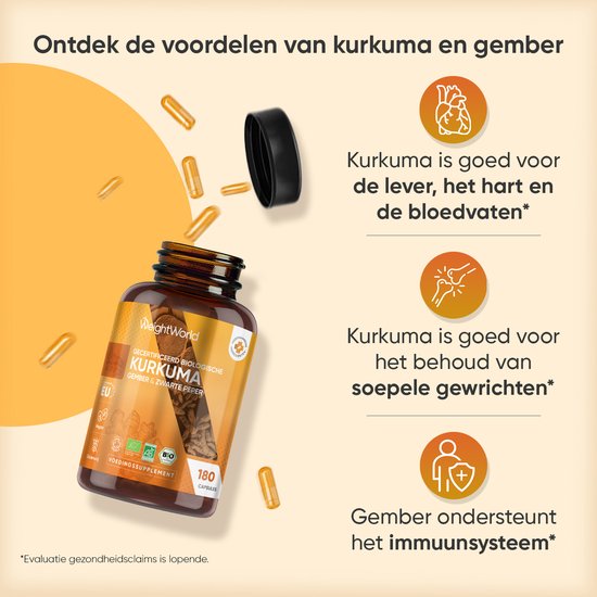 Gele capsules met kurkuma en gember, goed voor lever, hart, bloedvaten, soepele gewrichten en immuunsysteem.